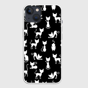 Чехол для iPhone 13 с принтом КОШКИ БЕЛОЕ НА ЧЕРНОМ в Тюмени,  |  | Тематика изображения на принте: cat | pussy | домашние | кис кис | коты | котэ | кошки | лапки | мяу | паттерн | усы | хвост | черно белое