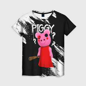 Женская футболка 3D с принтом ROBLOX PIGGY - СВИНКА ПИГГИ в Тюмени, 100% полиэфир ( синтетическое хлопкоподобное полотно) | прямой крой, круглый вырез горловины, длина до линии бедер | pig | piggy | roblox | игра | компьютерная игра | логотип | онлайн | онлайн игра | пигги | поросенок | роблакс | роблокс | свинка | свинья