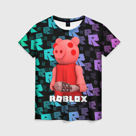 Женская футболка 3D с принтом ROBLOX PIGGY - СВИНКА ПИГГИ в Тюмени, 100% полиэфир ( синтетическое хлопкоподобное полотно) | прямой крой, круглый вырез горловины, длина до линии бедер | pig | piggy | roblox | игра | компьютерная игра | логотип | онлайн | онлайн игра | пигги | поросенок | роблакс | роблокс | свинка | свинья
