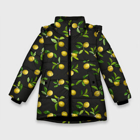 Зимняя куртка для девочек 3D с принтом Лимончики на черном в Тюмени, ткань верха — 100% полиэстер; подклад — 100% полиэстер, утеплитель — 100% полиэстер. | длина ниже бедра, удлиненная спинка, воротник стойка и отстегивающийся капюшон. Есть боковые карманы с листочкой на кнопках, утяжки по низу изделия и внутренний карман на молнии. 

Предусмотрены светоотражающий принт на спинке, радужный светоотражающий элемент на пуллере молнии и на резинке для утяжки. | Тематика изображения на принте: citrus | fruit | lemon | lemon flowers | lemons | print | лимон | лимончики | лимоны | принт | фрукты | цветы лимона | цитрусовые