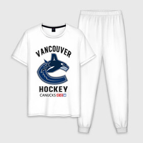 Мужская пижама хлопок с принтом VANCOUVER CANUCKS NHL в Тюмени, 100% хлопок | брюки и футболка прямого кроя, без карманов, на брюках мягкая резинка на поясе и по низу штанин
 | Тематика изображения на принте: canada | canucks | hockey | nhl | sport | usa | vancouver | акула | ванкувер | канада | кэнакс | логотип | нхл | спорт | хоккей | челюсти