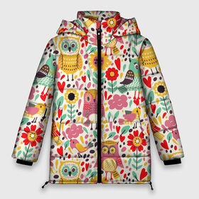 Женская зимняя куртка 3D с принтом Красочные совы и цветы в Тюмени, верх — 100% полиэстер; подкладка — 100% полиэстер; утеплитель — 100% полиэстер | длина ниже бедра, силуэт Оверсайз. Есть воротник-стойка, отстегивающийся капюшон и ветрозащитная планка. 

Боковые карманы с листочкой на кнопках и внутренний карман на молнии | autumn | cute | flowers | spring | summer | весна | воробей | лепестки | лето | маки | милота | милые | облака | облачка | осень | поле | природа | птичка | птички | ромашки | сердечки | синица | синичка | сова | совушки