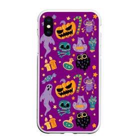 Чехол для iPhone XS Max матовый с принтом Happy Halloween в Тюмени, Силикон | Область печати: задняя сторона чехла, без боковых панелей | bones | candle | candy | fangs | flask | ghost | hand | hat | jaw | owl | pumpkin | skull | star | звезда | клыки | колба | конфета | кости | пасть | призрак | рука | свеча | сова | череп | шляпа