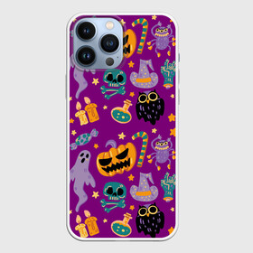 Чехол для iPhone 13 Pro Max с принтом Happy Halloween в Тюмени,  |  | Тематика изображения на принте: bones | candle | candy | fangs | flask | ghost | hand | hat | jaw | owl | pumpkin | skull | star | звезда | клыки | колба | конфета | кости | пасть | призрак | рука | свеча | сова | череп | шляпа