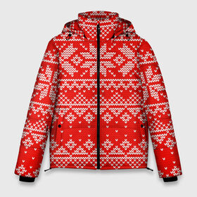 Мужская зимняя куртка 3D с принтом Красный зимний орнамент в Тюмени, верх — 100% полиэстер; подкладка — 100% полиэстер; утеплитель — 100% полиэстер | длина ниже бедра, свободный силуэт Оверсайз. Есть воротник-стойка, отстегивающийся капюшон и ветрозащитная планка. 

Боковые карманы с листочкой на кнопках и внутренний карман на молнии. | geometry | new year | pattern | retro | snow | winter | аляска | вязаный | геометрия | девяностые | дед мороз | зима | ковер | новогодние | новый год | олени | паттерн | подарок | ретро | рождество | свитер | снег | снеговик