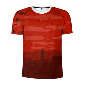 Мужская футболка 3D спортивная с принтом Сакура в Тюмени, 100% полиэстер с улучшенными характеристиками | приталенный силуэт, круглая горловина, широкие плечи, сужается к линии бедра | Тематика изображения на принте: арт | башня | китайская башня | сакура | туристическое