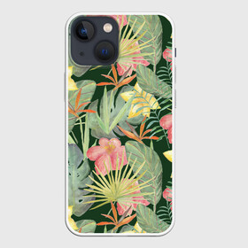 Чехол для iPhone 13 mini с принтом Тропические растения и цветы в Тюмени,  |  | банан | желтый | зеленый | красный | листья | орхидея | пальма | плюмерия | стрелиция | тропики | цветы | экзотика