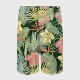 Детские спортивные шорты 3D с принтом Тропические растения и цветы в Тюмени,  100% полиэстер
 | пояс оформлен широкой мягкой резинкой, ткань тянется
 | банан | желтый | зеленый | красный | листья | орхидея | пальма | плюмерия | стрелиция | тропики | цветы | экзотика