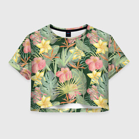 Женская футболка Crop-top 3D с принтом Тропические растения и цветы в Тюмени, 100% полиэстер | круглая горловина, длина футболки до линии талии, рукава с отворотами | банан | желтый | зеленый | красный | листья | орхидея | пальма | плюмерия | стрелиция | тропики | цветы | экзотика