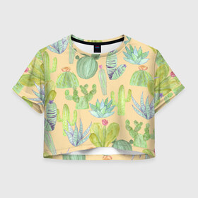 Женская футболка Crop-top 3D с принтом Кактусы в пустыне в Тюмени, 100% полиэстер | круглая горловина, длина футболки до линии талии, рукава с отворотами | жара | желтый | засуха | зеленый | кактус | колючки | песок | пустыня | солнечный | цветок