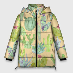 Женская зимняя куртка 3D с принтом Кактусы в пустыне в Тюмени, верх — 100% полиэстер; подкладка — 100% полиэстер; утеплитель — 100% полиэстер | длина ниже бедра, силуэт Оверсайз. Есть воротник-стойка, отстегивающийся капюшон и ветрозащитная планка. 

Боковые карманы с листочкой на кнопках и внутренний карман на молнии | жара | желтый | засуха | зеленый | кактус | колючки | песок | пустыня | солнечный | цветок