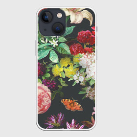 Чехол для iPhone 13 mini с принтом Цветы в Тюмени,  |  | арт | бабочка | бабочки | белая лилия | белый | желтый | зеленый | картина | краски | красный | лилии | лилия | рисунок | рисунок красками | роза | розовая роза | розовый | розы | тёмный | фиолетовый