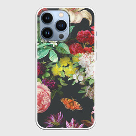 Чехол для iPhone 13 Pro с принтом Цветы в Тюмени,  |  | арт | бабочка | бабочки | белая лилия | белый | желтый | зеленый | картина | краски | красный | лилии | лилия | рисунок | рисунок красками | роза | розовая роза | розовый | розы | тёмный | фиолетовый