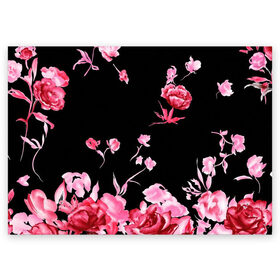 Поздравительная открытка с принтом Яркие розы в Тюмени, 100% бумага | плотность бумаги 280 г/м2, матовая, на обратной стороне линовка и место для марки
 | Тематика изображения на принте: арт | рисунок | роза | розовая роза | розовые розы | розовый | розы | тёмный | цветы | чёрный