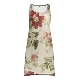 Платье-майка 3D с принтом Цветы в Тюмени, 100% полиэстер | полуприлегающий силуэт, широкие бретели, круглый вырез горловины, удлиненный подол сзади. | арт | зеленый | краски | красный | кремовый | ретро | рисунок | розовый | цветок | цветы