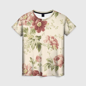 Женская футболка 3D с принтом Цветы в Тюмени, 100% полиэфир ( синтетическое хлопкоподобное полотно) | прямой крой, круглый вырез горловины, длина до линии бедер | арт | зеленый | краски | красный | кремовый | ретро | рисунок | розовый | цветок | цветы