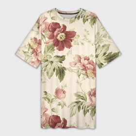 Платье-футболка 3D с принтом Цветы в Тюмени,  |  | арт | зеленый | краски | красный | кремовый | ретро | рисунок | розовый | цветок | цветы