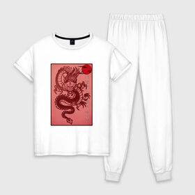 Женская пижама хлопок с принтом Дракон в Тюмени, 100% хлопок | брюки и футболка прямого кроя, без карманов, на брюках мягкая резинка на поясе и по низу штанин | china | chinese dragon | дракон | китай | китайский дракон | китайский язык