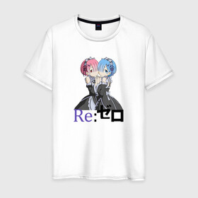 Мужская футболка хлопок с принтом Re:Zero в Тюмени, 100% хлопок | прямой крой, круглый вырез горловины, длина до линии бедер, слегка спущенное плечо. | Тематика изображения на принте: anime | emilia | girls | kawaii | re zero | subaru | альтернативном мире | анимешникам | девочкам | девушки | ехидна | жизнь | зеро | кавайный | логотипы аниме | милые | мультфильм | нацуки | няшные | омега | персонажи