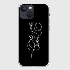 Чехол для iPhone 13 mini с принтом минимализм лица в Тюмени,  |  | белая линия | лица | минимализм | минимализм чб | мужское и женское лицо | одним касанием | одной линией | рисунок белой линией | целует в лоб