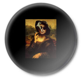 Значок с принтом jaKondA в Тюмени,  металл | круглая форма, металлическая застежка в виде булавки | jakonda | mona lisa | smoking | woman | девушка | джаконда | мона лиза