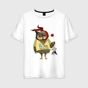 Женская футболка хлопок Oversize с принтом Сова в Тюмени, 100% хлопок | свободный крой, круглый ворот, спущенный рукав, длина до линии бедер
 | insomnia | owl | pain | бессонница | ловец снов | сова