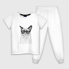 Детская пижама хлопок с принтом Кот хипстер в Тюмени, 100% хлопок |  брюки и футболка прямого кроя, без карманов, на брюках мягкая резинка на поясе и по низу штанин
 | Тематика изображения на принте: grumpy cat | арт | кот | кошка | очки | рисунок | хипстер | черный | чёрный белый