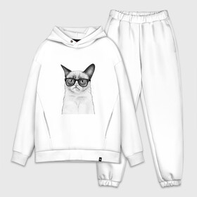 Мужской костюм хлопок OVERSIZE с принтом Кот хипстер в Тюмени,  |  | grumpy cat | арт | кот | кошка | очки | рисунок | хипстер | черный | чёрный белый