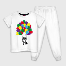 Детская пижама хлопок с принтом Енот с шариками в Тюмени, 100% хлопок |  брюки и футболка прямого кроя, без карманов, на брюках мягкая резинка на поясе и по низу штанин
 | воздушные шарики | енот | мультяшный | разноцветный