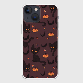 Чехол для iPhone 13 mini с принтом Хэллоуиновский кот в Тюмени,  |  | арт | конфеты | кот | котёнок | кошка | оранжевый | рисунок | тёмный | тыква | тыквы | фиолетовый | хеллоуин | хэллоуин | чёрный