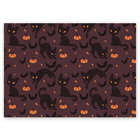 Поздравительная открытка с принтом Хэллоуиновский кот в Тюмени, 100% бумага | плотность бумаги 280 г/м2, матовая, на обратной стороне линовка и место для марки
 | Тематика изображения на принте: арт | конфеты | кот | котёнок | кошка | оранжевый | рисунок | тёмный | тыква | тыквы | фиолетовый | хеллоуин | хэллоуин | чёрный
