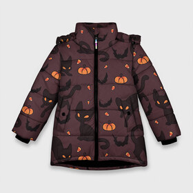 Зимняя куртка для девочек 3D с принтом Хэллоуиновский кот в Тюмени, ткань верха — 100% полиэстер; подклад — 100% полиэстер, утеплитель — 100% полиэстер. | длина ниже бедра, удлиненная спинка, воротник стойка и отстегивающийся капюшон. Есть боковые карманы с листочкой на кнопках, утяжки по низу изделия и внутренний карман на молнии. 

Предусмотрены светоотражающий принт на спинке, радужный светоотражающий элемент на пуллере молнии и на резинке для утяжки. | арт | конфеты | кот | котёнок | кошка | оранжевый | рисунок | тёмный | тыква | тыквы | фиолетовый | хеллоуин | хэллоуин | чёрный