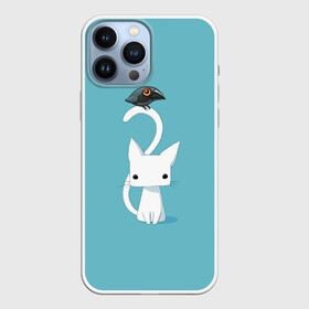 Чехол для iPhone 13 Pro Max с принтом Белый котик и воробушек в Тюмени,  |  | арт | белая кошка | белый кот | белый котёнок | воробей | воробушек | воронёнок | кот | котёнок | кошка | рисунок | чёрный птенец