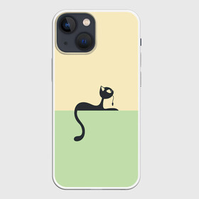 Чехол для iPhone 13 mini с принтом Чёрный кот на ярком фоне в Тюмени,  |  | арт | вектор | горизонтальный рисунок | горизонтальный узор | жёлтый | зеленый | кот | котёнок | кошка | рисунок | чёрная кошка | чёрный | чёрный кот | чёрный котёнок