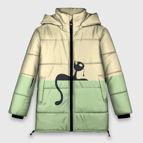 Женская зимняя куртка 3D с принтом Чёрный кот на ярком фоне в Тюмени, верх — 100% полиэстер; подкладка — 100% полиэстер; утеплитель — 100% полиэстер | длина ниже бедра, силуэт Оверсайз. Есть воротник-стойка, отстегивающийся капюшон и ветрозащитная планка. 

Боковые карманы с листочкой на кнопках и внутренний карман на молнии | арт | вектор | горизонтальный рисунок | горизонтальный узор | жёлтый | зеленый | кот | котёнок | кошка | рисунок | чёрная кошка | чёрный | чёрный кот | чёрный котёнок
