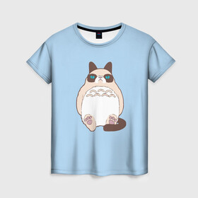 Женская футболка 3D с принтом Тоторный кот в Тюмени, 100% полиэфир ( синтетическое хлопкоподобное полотно) | прямой крой, круглый вырез горловины, длина до линии бедер | grumpy cat | белый | кот тоторо | кот. недовольный кот | крем | мило | милота | мимишка | тоторо
