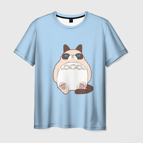 Мужская футболка 3D с принтом Тоторный кот в Тюмени, 100% полиэфир | прямой крой, круглый вырез горловины, длина до линии бедер | Тематика изображения на принте: grumpy cat | белый | кот тоторо | кот. недовольный кот | крем | мило | милота | мимишка | тоторо