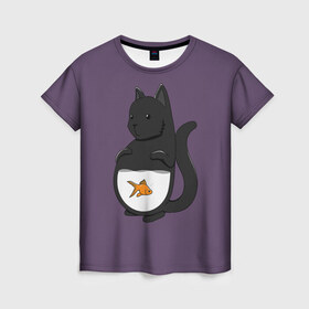Женская футболка 3D с принтом Довольный кот в Тюмени, 100% полиэфир ( синтетическое хлопкоподобное полотно) | прямой крой, круглый вырез горловины, длина до линии бедер | аквариум | арт | вода | золотая рыбка | кот | котёнок | кошка | рисунок | рыба | рыбка | фиолетовый | чёрная кошка | черный кот | чёрный котёнок