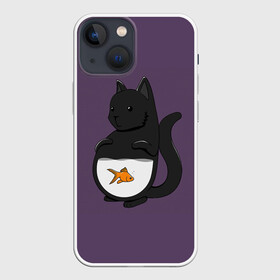 Чехол для iPhone 13 mini с принтом Довольный кот в Тюмени,  |  | аквариум | арт | вода | золотая рыбка | кот | котёнок | кошка | рисунок | рыба | рыбка | фиолетовый | чёрная кошка | черный кот | чёрный котёнок