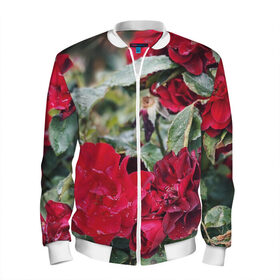 Мужской бомбер 3D с принтом Red Roses в Тюмени, 100% полиэстер | застегивается на молнию, по бокам два кармана без застежек, по низу бомбера и на воротнике - эластичная резинка | bush | floral | flower | garden | green | nature | red roses | бутоны | красная роза | куст | листья | природа | роза | сад | цветение | цветок | цветы