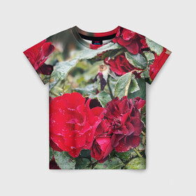 Детская футболка 3D с принтом Red Roses в Тюмени, 100% гипоаллергенный полиэфир | прямой крой, круглый вырез горловины, длина до линии бедер, чуть спущенное плечо, ткань немного тянется | bush | floral | flower | garden | green | nature | red roses | бутоны | красная роза | куст | листья | природа | роза | сад | цветение | цветок | цветы