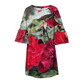 Детское платье 3D с принтом Red Roses в Тюмени, 100% полиэстер | прямой силуэт, чуть расширенный к низу. Круглая горловина, на рукавах — воланы | bush | floral | flower | garden | green | nature | red roses | бутоны | красная роза | куст | листья | природа | роза | сад | цветение | цветок | цветы
