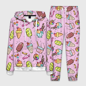 Мужской костюм 3D с принтом Сладкоежка в Тюмени, 100% полиэстер | Манжеты и пояс оформлены тканевой резинкой, двухслойный капюшон со шнурком для регулировки, карманы спереди | вафельный стаканчик | дарже | десерты | закуски | конфеты | леденец | мороженное | пломбир | сладкое | сладкоежка | снеки | шоколадки