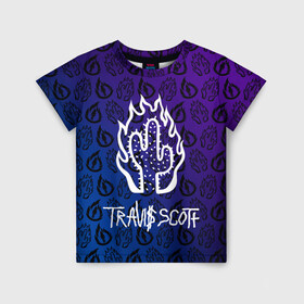 Детская футболка 3D с принтом TRAVIS SCOTT в Тюмени, 100% гипоаллергенный полиэфир | прямой крой, круглый вырез горловины, длина до линии бедер, чуть спущенное плечо, ткань немного тянется | scott | travis | travis scott | арт | градиент | значки | значлк | исполнитель | кактус | лого | логотип | музыка | музыкант | огонь | певец | певец трэвис скотт | песни | пламя | пясня | рэп | рэпер | скотт | трэвис