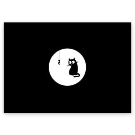 Поздравительная открытка с принтом Ночная охота в Тюмени, 100% бумага | плотность бумаги 280 г/м2, матовая, на обратной стороне линовка и место для марки
 | арт | кот | котёнок | кошка | луна | ночь | рисунок | рыба | рыбалка | черная кошка | черный кот | чёрный котёнок