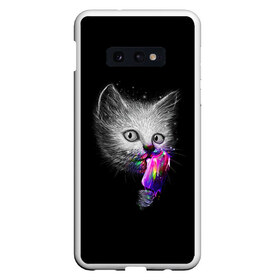 Чехол для Samsung S10E с принтом Котейка с мороженным в Тюмени, Силикон | Область печати: задняя сторона чехла, без боковых панелей | арт | кот | котёнок | кошка | мороженное | рисунок | серая кошка | серый кот | серый котёнок | чёрный | яркие цвета