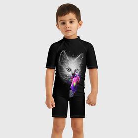 Детский купальный костюм 3D с принтом Котейка с мороженным в Тюмени, Полиэстер 85%, Спандекс 15% | застежка на молнии на спине | арт | кот | котёнок | кошка | мороженное | рисунок | серая кошка | серый кот | серый котёнок | чёрный | яркие цвета