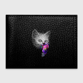 Обложка для студенческого билета с принтом Котейка с мороженным в Тюмени, натуральная кожа | Размер: 11*8 см; Печать на всей внешней стороне | арт | кот | котёнок | кошка | мороженное | рисунок | серая кошка | серый кот | серый котёнок | чёрный | яркие цвета