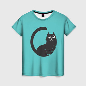 Женская футболка 3D с принтом Чёрный котя в Тюмени, 100% полиэфир ( синтетическое хлопкоподобное полотно) | прямой крой, круглый вырез горловины, длина до линии бедер | арт | бирюзовый | вектор | зеленый | кот | котёнок | кошка | рисунок | чёрная кошка | чёрный | чёрный кот | чёрный котёнок