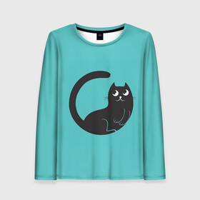 Женский лонгслив 3D с принтом Чёрный котя в Тюмени, 100% полиэстер | длинные рукава, круглый вырез горловины, полуприлегающий силуэт | арт | бирюзовый | вектор | зеленый | кот | котёнок | кошка | рисунок | чёрная кошка | чёрный | чёрный кот | чёрный котёнок